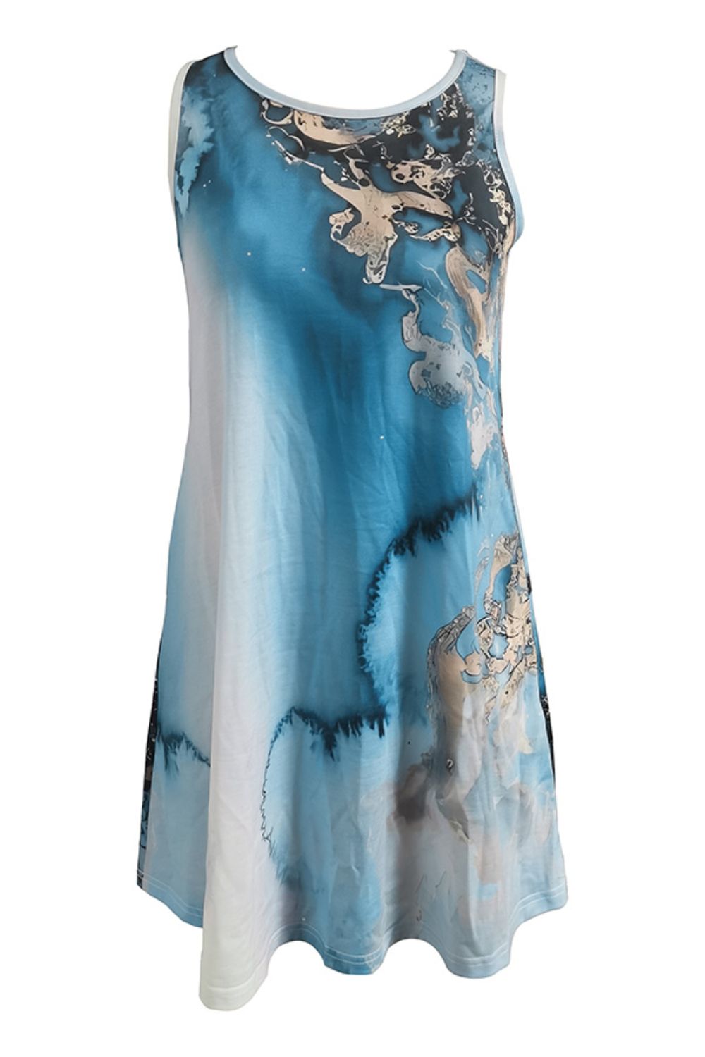 Abstract Print Round Neck Sleeveless Dress with Pockets