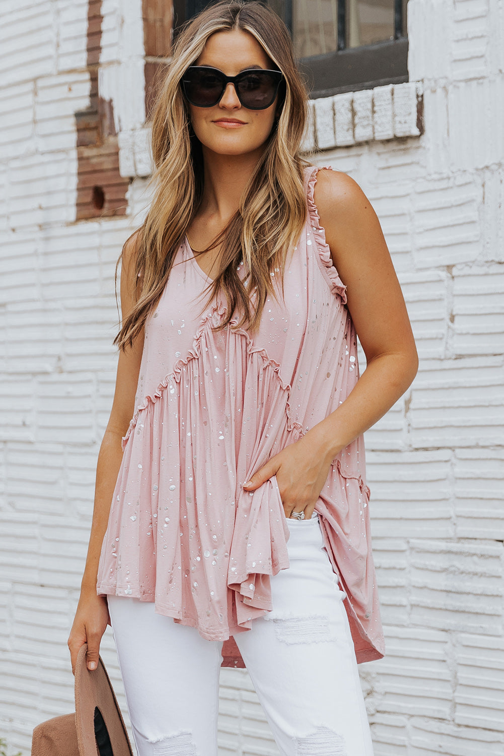 Foil Frill Trim Sleeveless Top