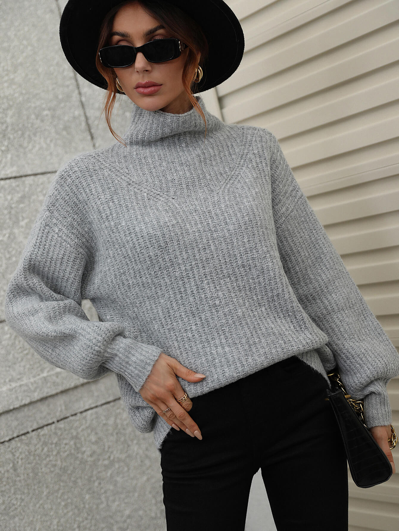 High Neck Balloon Sleeve Rib-Knit Pullover Sweater