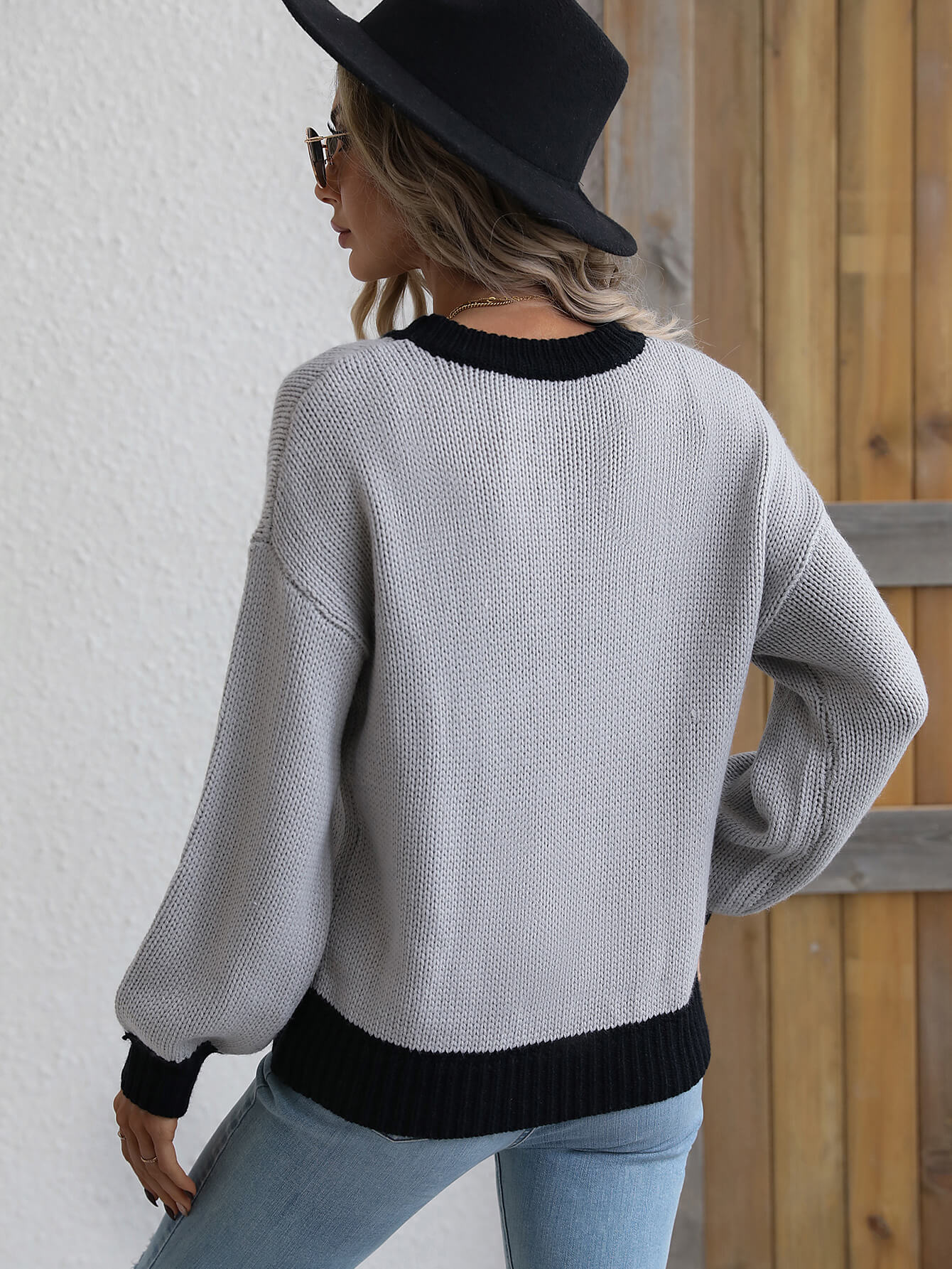 Contrast Trim Drop Shoulder Pullover Sweater