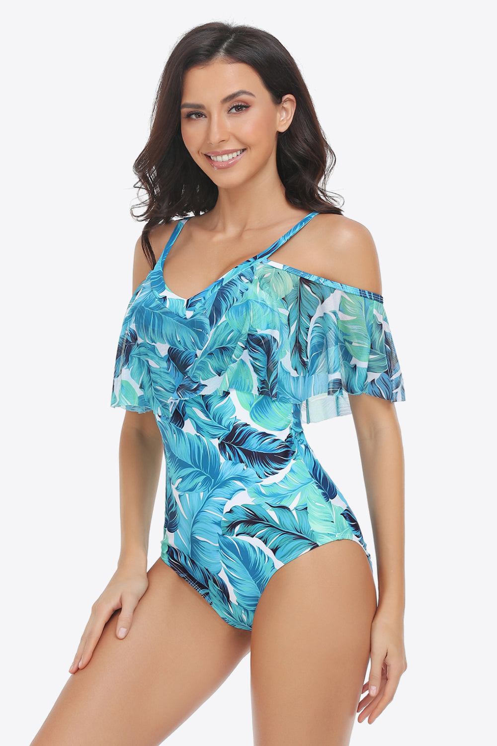 Botanical Print Cold-Shoulder Layered One-Piece Swimsuit