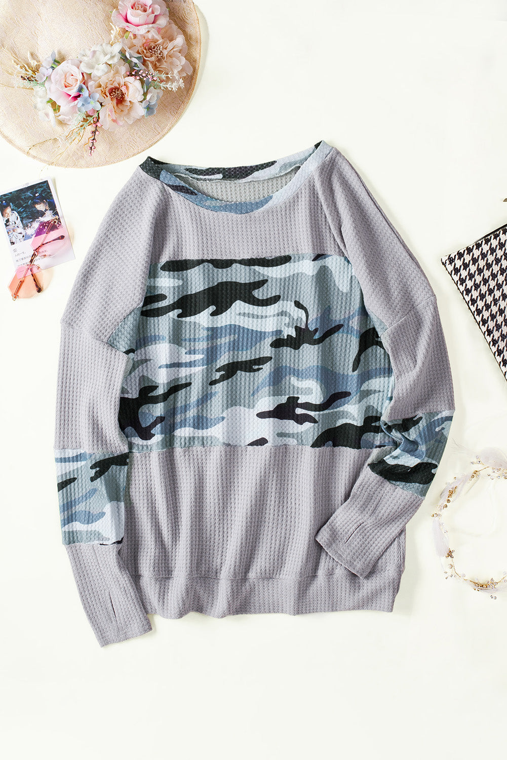 Camouflage Color Block Waffle Knit Pullover