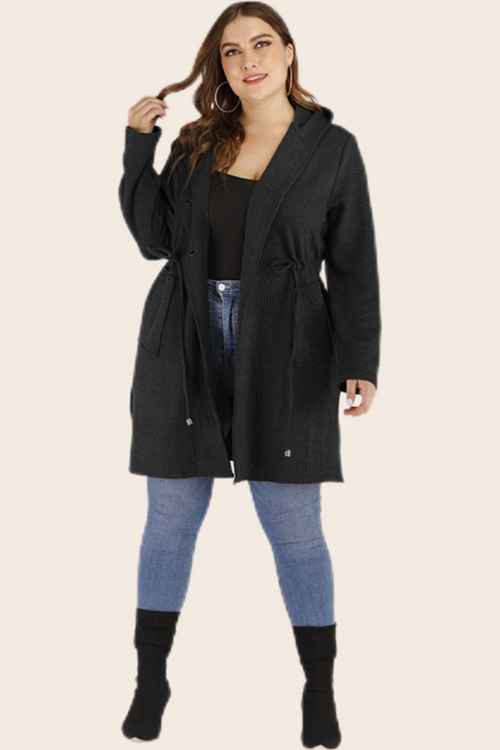 Plus Size Drawstring Waist Hooded Cardigan with Pockets