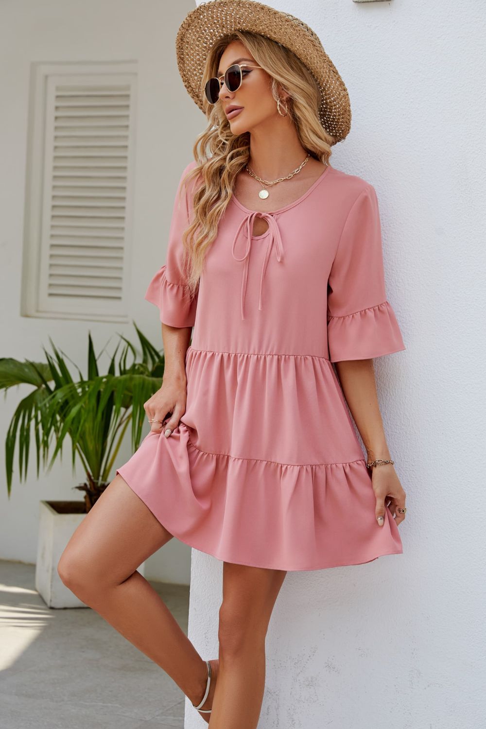 Tied Flounce Sleeve Mini Dress