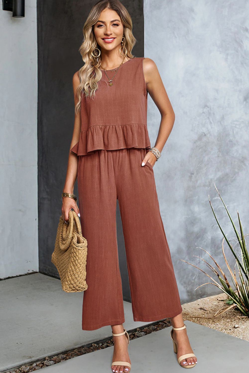 Decorative Button Ruffle Hem Tank and Pants Set