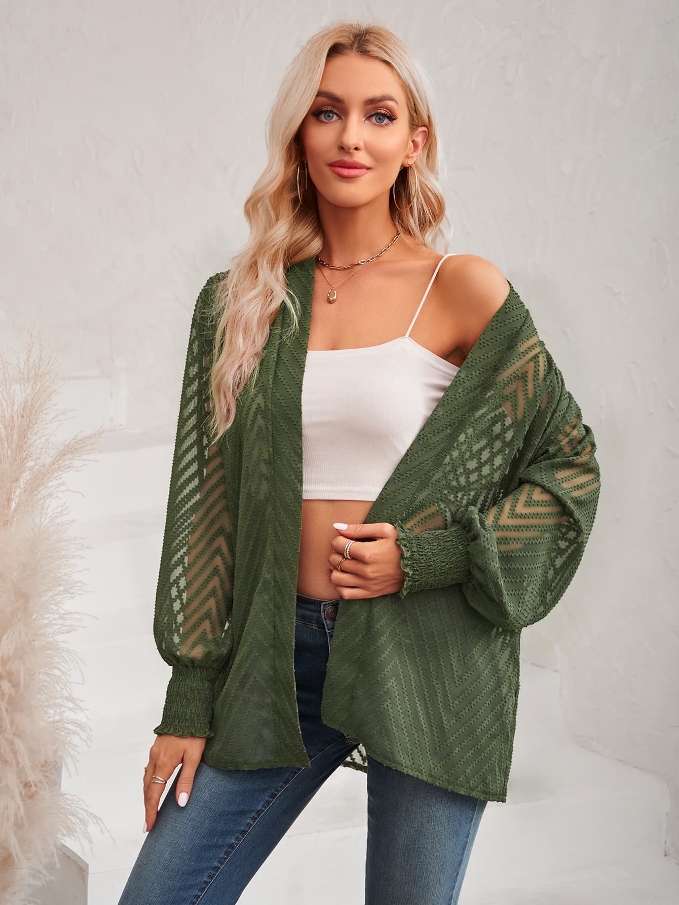 Lantern Sleeve Open Front Sheer Cardigan