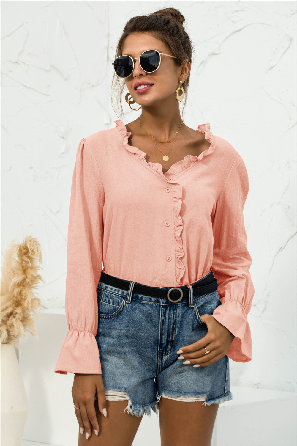 Frill Trim V-Neck Flounce Sleeve Shirt