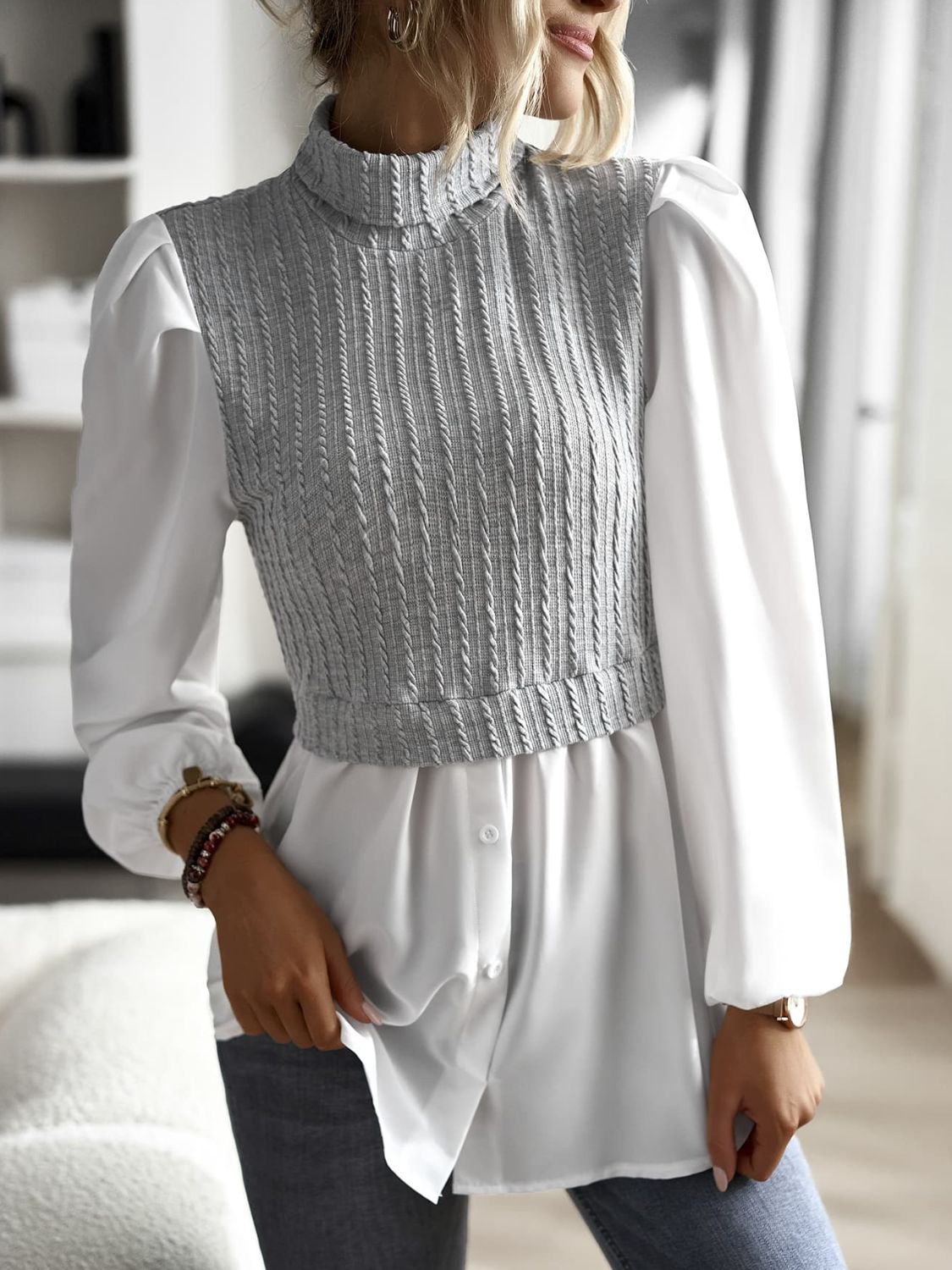 Contrast Cable-Knit Mock Neck Top