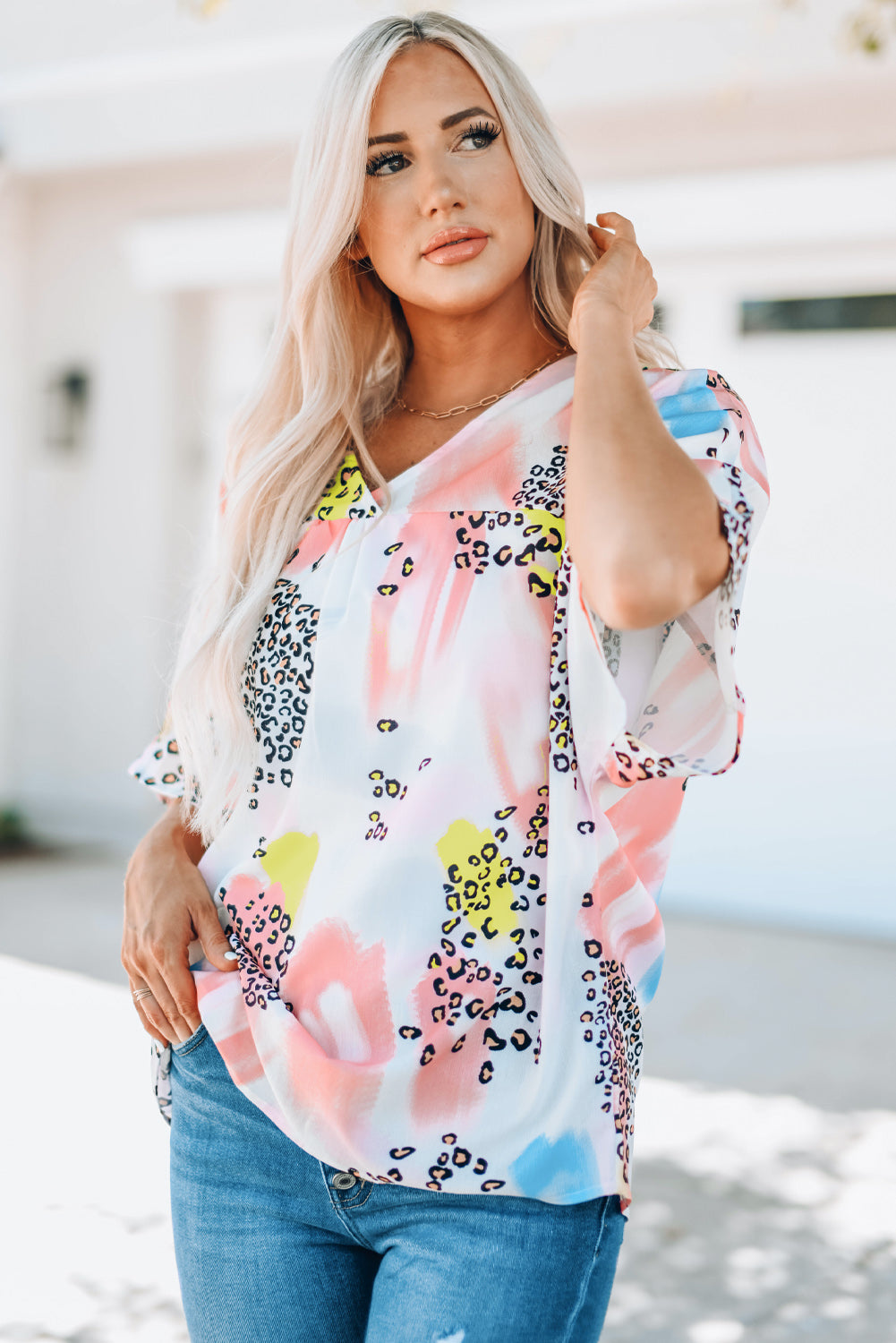 Mixed Print V-Neck Half Sleeve Top