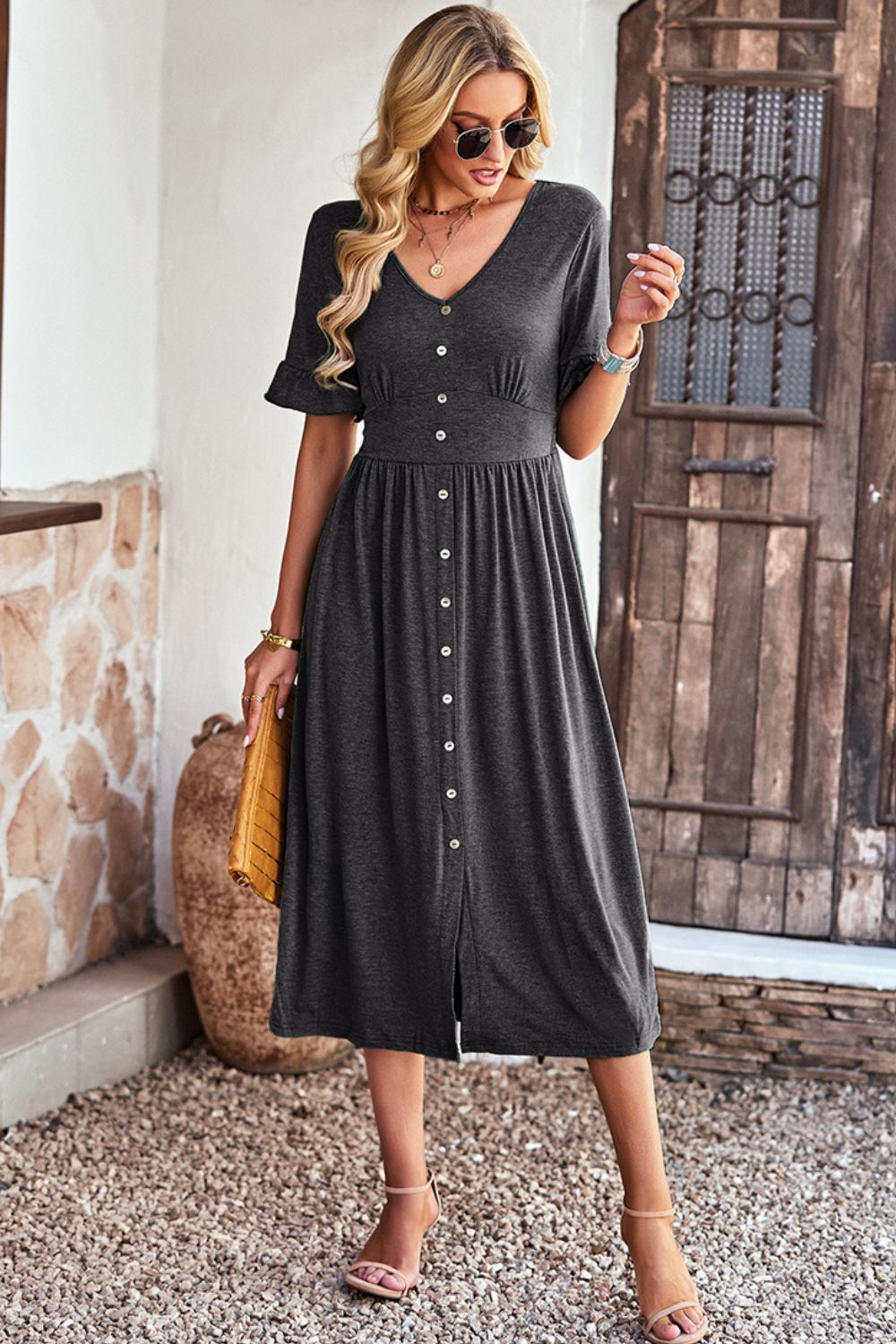 Gathered Detail Buttoned V-Neck Midi Dress