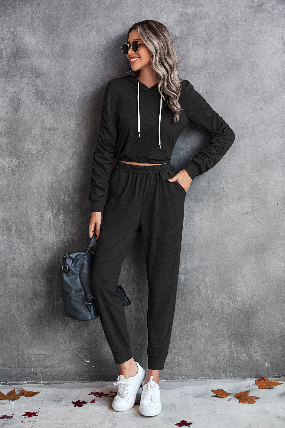 Ruched Raglan Sleeve Hoodie and Joggers Set