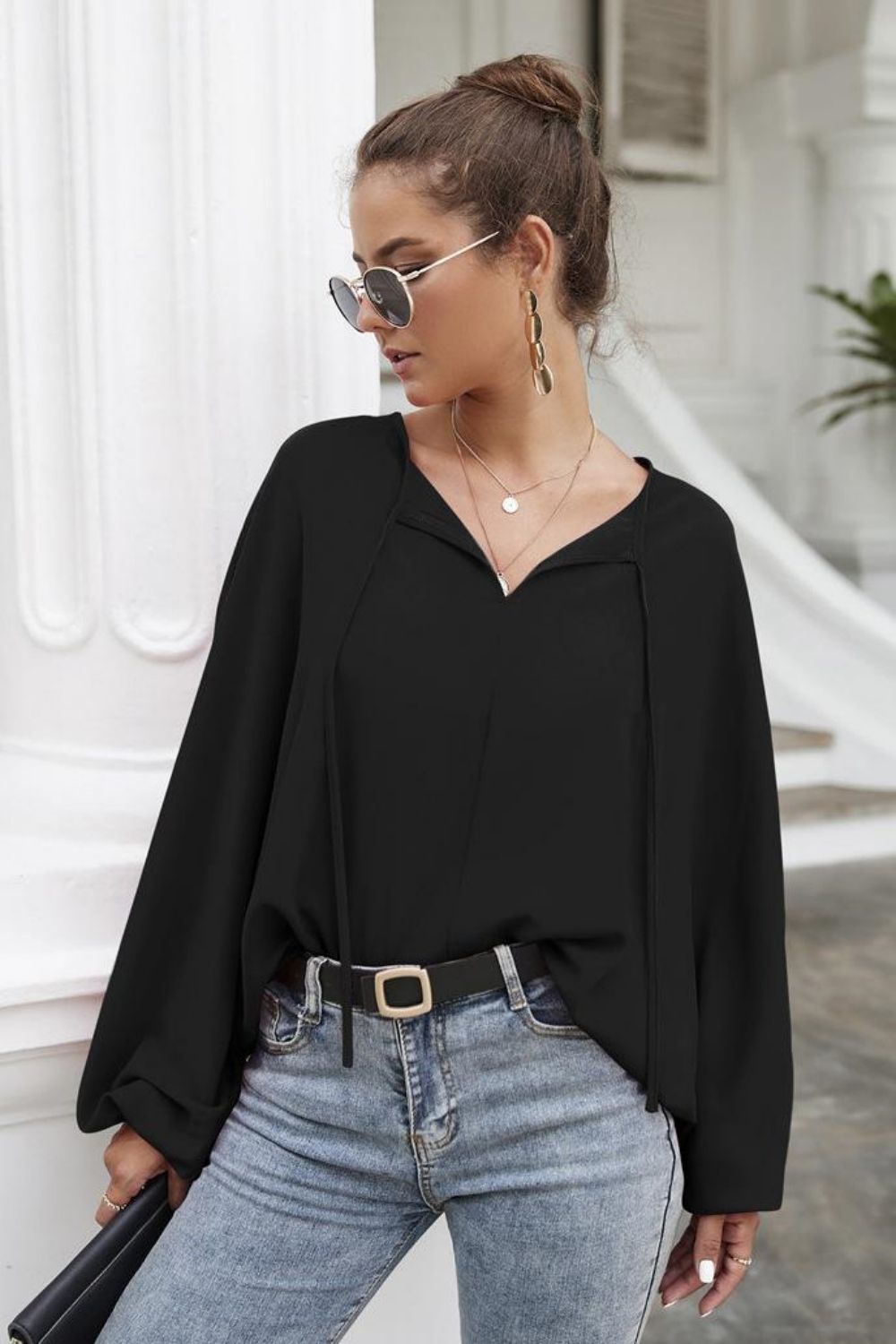 Tie Neck Balloon Sleeve Blouse