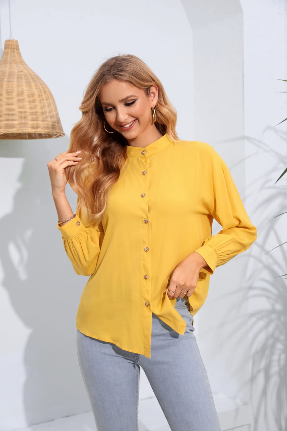 Mock Neck Buttoned Long Sleeve Shirt