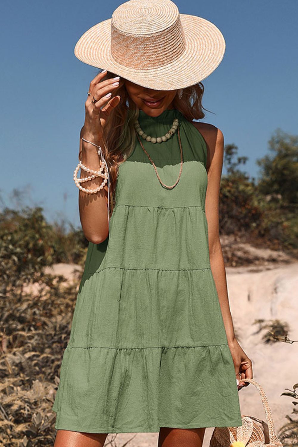 Tie Back Sleeveless Tiered Dress