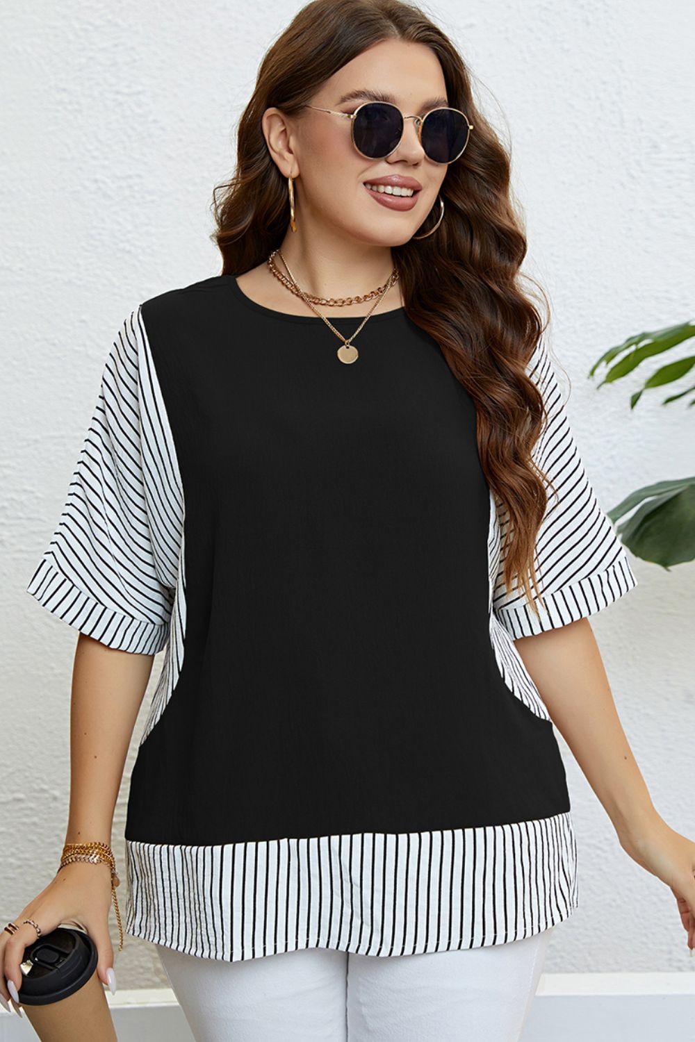 Plus Size Striped Round Neck Half Sleeve Top