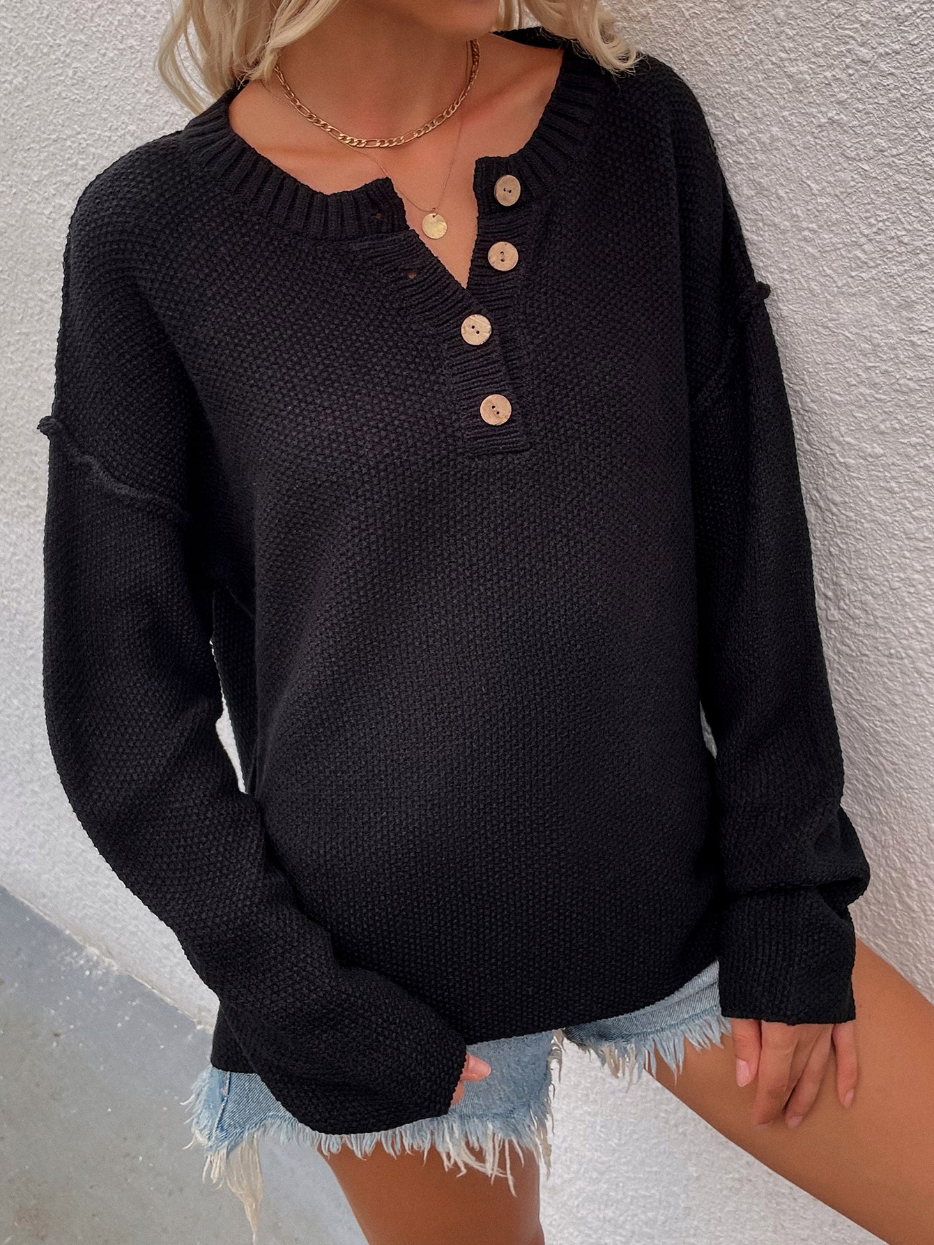 Buttoned Exposed Seam High-Low Sweater