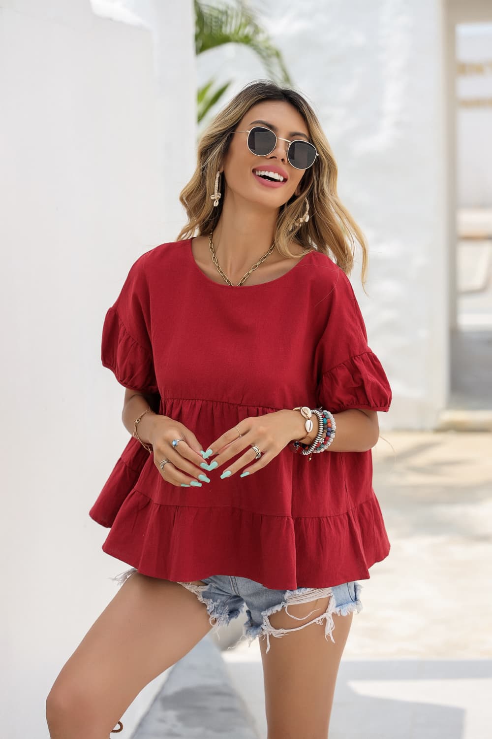 Round Neck Ruched Short Sleeve Blouse