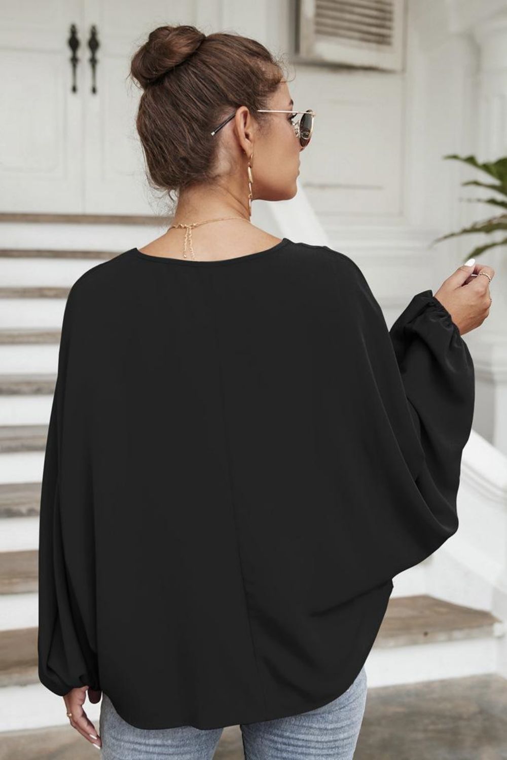 Tie Neck Balloon Sleeve Blouse